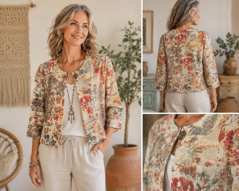 Coldwater Creek Woven Botanical Print 3/4 Sleeve Swing Jacket Women's Size S